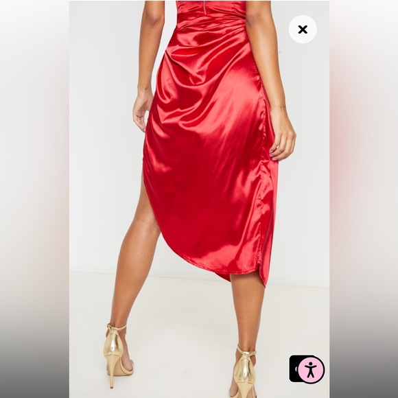 Red Ruched Tie Side Satin Midi Skirt - Super Sexy Slit - Pretty Little Thing sz2 - Picture 4 of 9